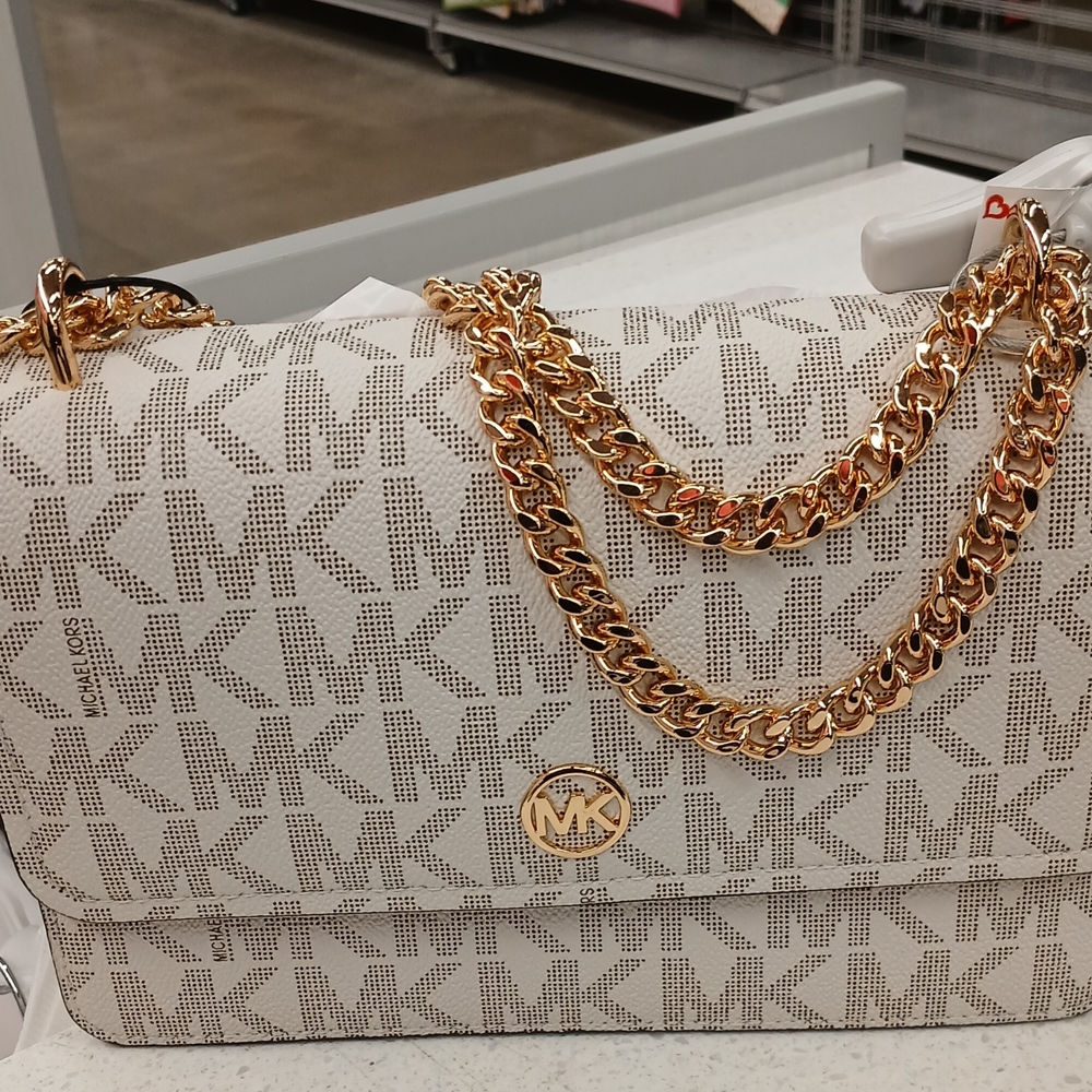 MICHAEL KORS Cream MK Logo Shoulder Bag with Gold Chain